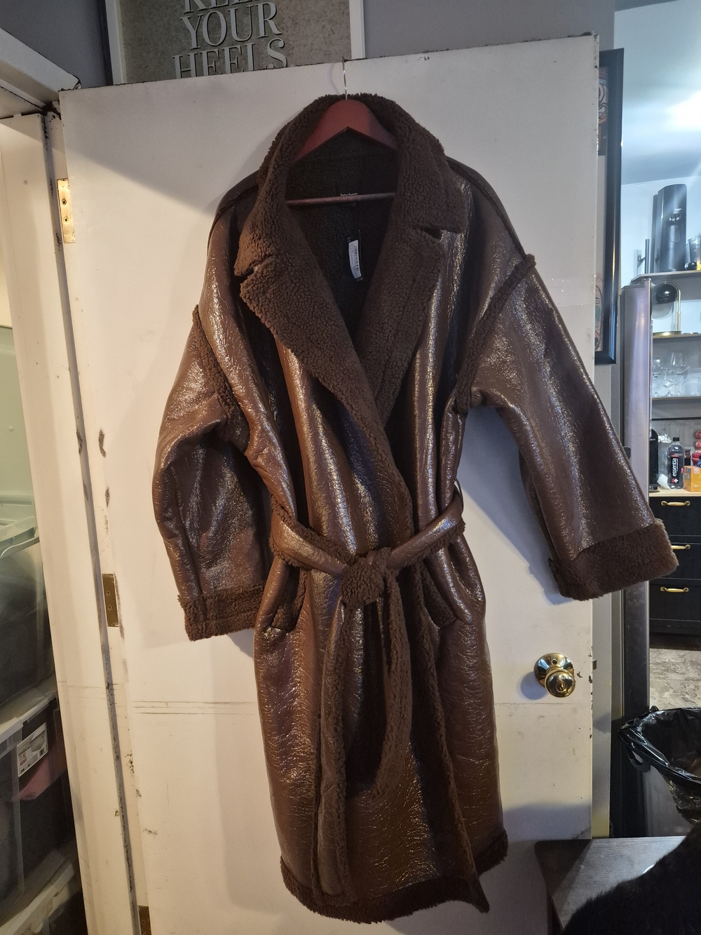 Boohoo Brown Faux Leather Sherpa Lined Long Coat